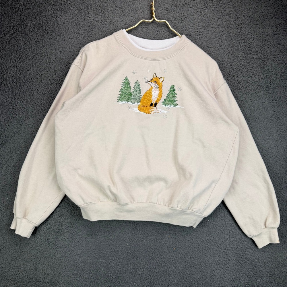 Morning Sun Womens Fox Pine Tree Embroidered Sweatshirt Beige Medium Vintage